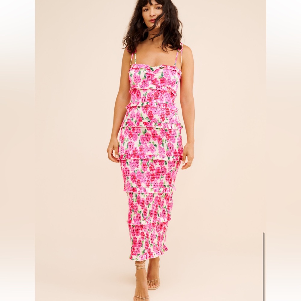 Show Me Your MuMu Stella Pink Floral Tiered Midi Dress